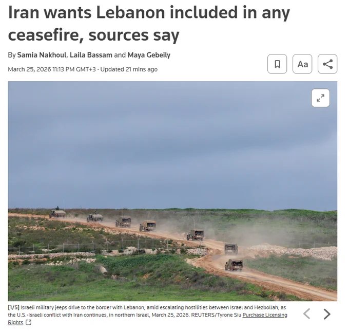 伊朗已告知调停方，任何与美国和以色列达成的停火协议必须将黎巴嫩纳入其中