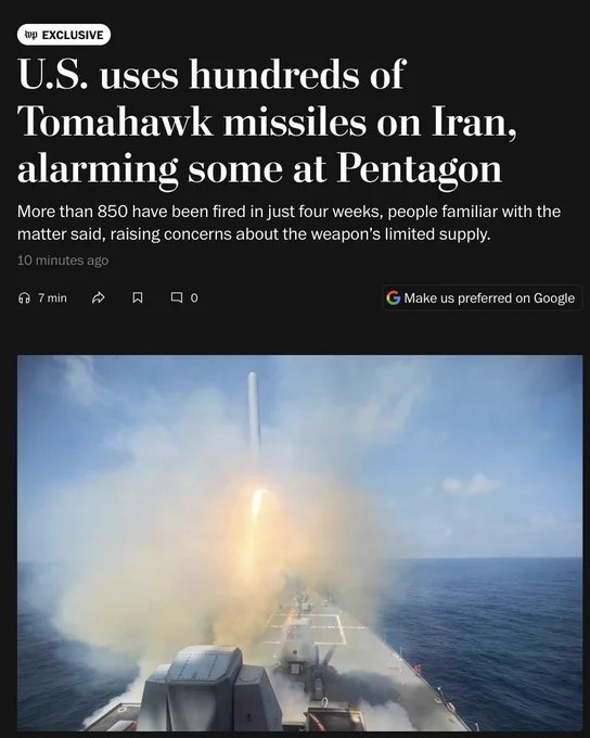 美国在过去4周内对伊朗发射了逾850枚战斧巡航导弹，五角大楼对库存快速消耗深感忧虑