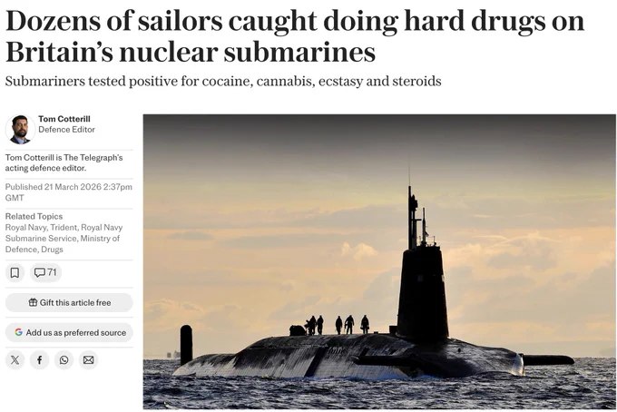 英国《每日电讯报》报道，2018年至2024年间，共有175名英国皇家海军潜艇兵药检呈阳性，涉及可卡因、大麻、摇头丸及类固醇等多种毒品