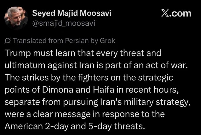 伊朗伊斯兰革命卫队航空航天部队司令穆萨维少将表示，川普必须明白，任何针对伊朗的威胁或最后通牒都是战争行为