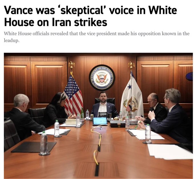 据《政治》杂志报道，美国副总统万斯在川普下令对伊朗发动打击之前，曾私下表示反对