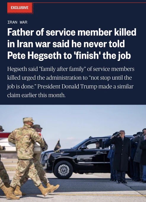 一名在美伊战争中阵亡的美军士兵之父表示，国防部长赫格塞斯夸大了阵亡士兵家属对他所说的话