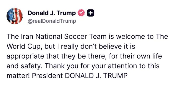 川普表示，伊朗国家足球队受欢迎参加世界杯，但他认为考虑到球员的人身安全，他们出席并不合适