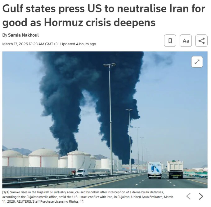据路透社报道，海湾阿拉伯国家起初并不支持对伊朗开战，但如今正敦促美国不要停手，直至伊朗再无能力威胁地区石油航运通道