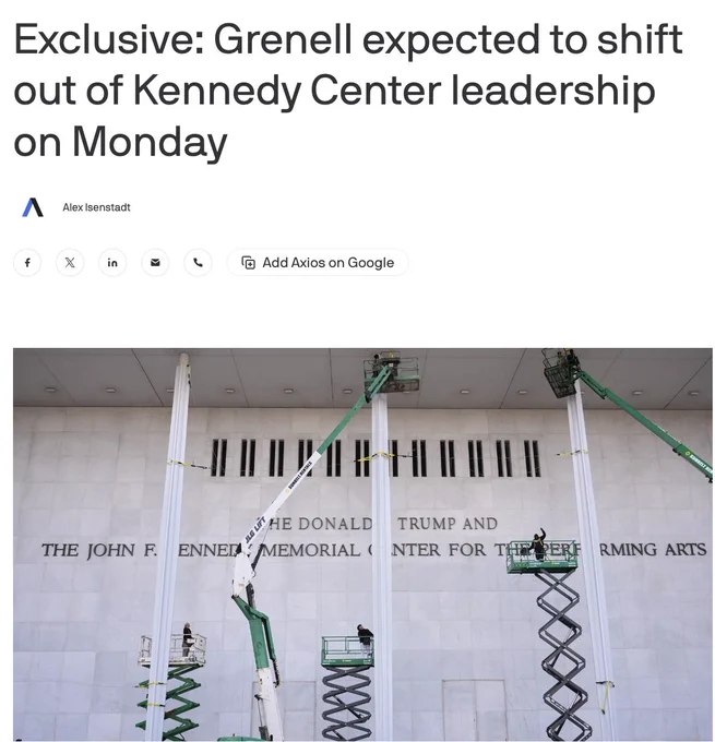 里克·格雷内尔预计将于周一卸任肯尼迪中心主席一职，由马特·弗洛卡接任