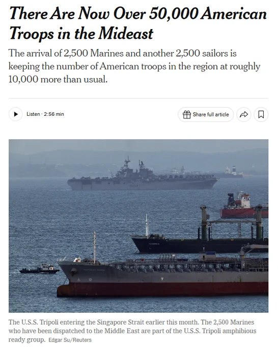 据《纽约时报》报道，随着2500名海军陆战队员和2500名水兵完成部署，目前驻扎中东的美军总人数已超过5万人，较平时多出约1万人