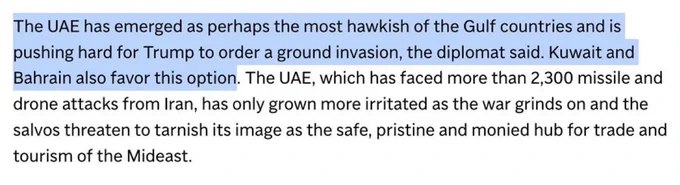 阿联酋据报正敦促川普授权对伊朗发动美军地面入侵，一名海湾外交官向美联社透露，科威特和巴林也支持这一立场