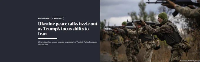 据《金融时报》报道，随着川普将注意力转向中东及与伊朗的冲突，乌克兰和平谈判陷入停滞