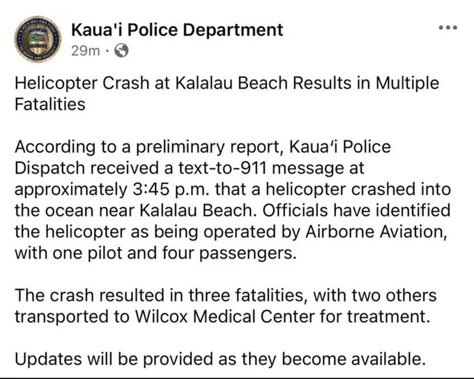 美国夏威夷海岸发生直升机坠海事故，造成至少3人死亡、2人受伤
