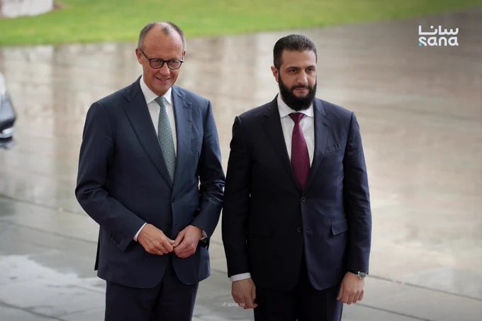 叙利亚总统艾哈迈德·沙拉在柏林与德国总理弗里德里希·默茨举行会谈