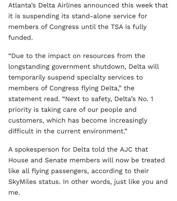 达美航空宣布暂停为国会议员提供专属服务台服务，直至民主党主导的国土安全部停摆问题得到解决