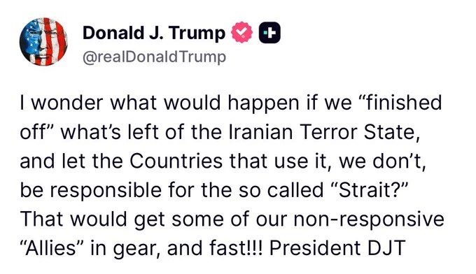 川普发文称："我在想，如果我们'解决掉'伊朗这个暴政政权的残余势力，会发生什么？让那些依赖该海峡的国家——而非我们——自己去负责所谓的'海峡'通行安全