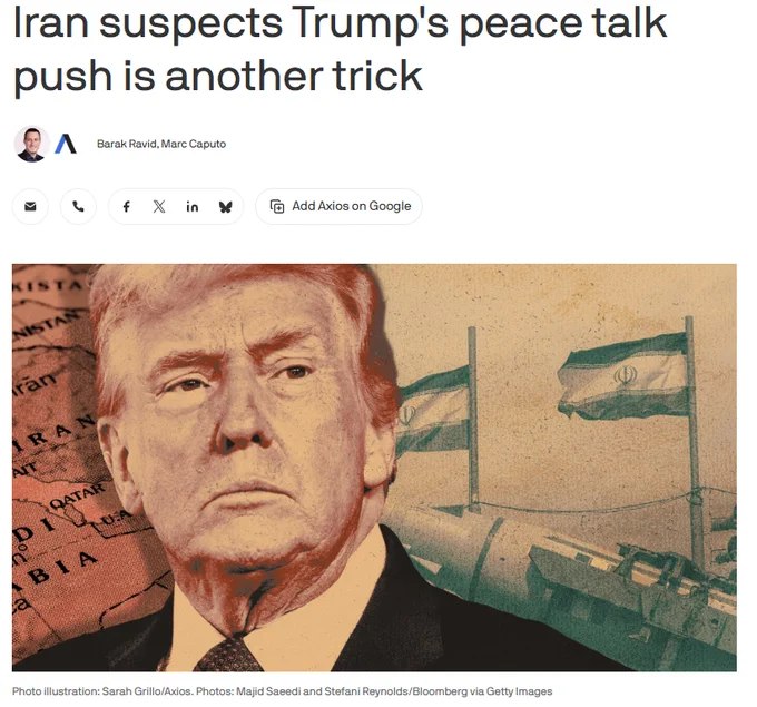 据Axios报道，伊朗官员向调停方表示，他们认为川普已两度"欺骗"他们，"我们不想再次上当受骗