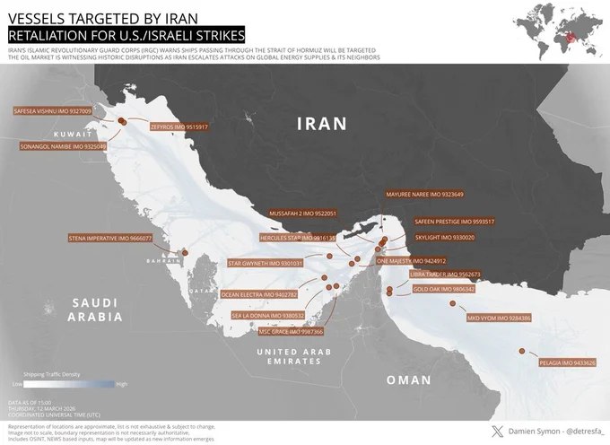 自美以对伊朗发动打击以来，波斯湾及霍尔木兹海峡已有至少18艘商业船只遭到袭击