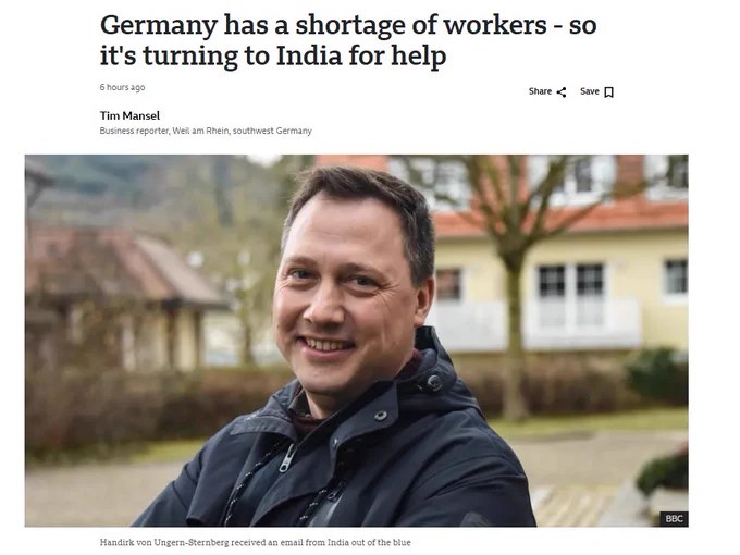 德国因人口老龄化及低出生率面临劳动力短缺，正日益转向从印度招募年轻工人填补缺口