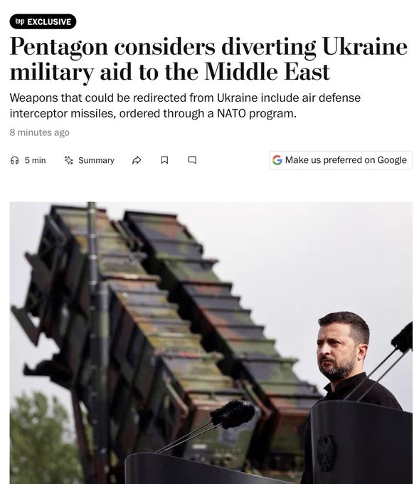 据《华盛顿邮报》报道，美国正考虑将原本用于支援乌克兰的关键防空导弹（包括爱国者和萨德系统）转调至中东，原因是伊朗战争正迅速消耗美国的导弹库存