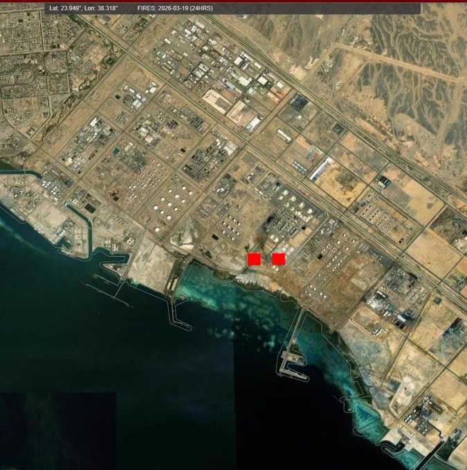 美国宇航局（NASA）FIRMS卫星地图显示，沙特阿拉伯红海沿岸延布石油码头及炼油厂附近确有火情