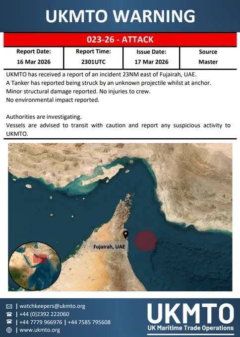 据英国海事贸易行动组织（UKMTO）消息，阿联酋富查伊拉附近海域又有一艘油轮遭到袭击