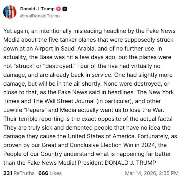 川普就沙特阿拉伯机场油罐机事件驳斥媒体报道，称《纽约时报》和《华尔街日报》等媒体的报道"故意误导"