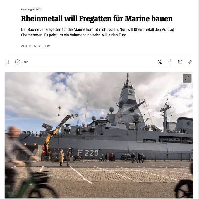 德国海军旗舰现代化项目——造价约100亿欧元的六艘F126护卫舰建造计划——正面临严重延误，国防巨头莱茵金属已着手争取接任主承包商一职