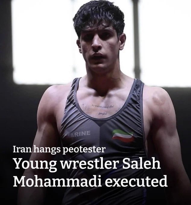 伊朗伊斯兰政权今日处决19岁摔跤运动员、反政府抗议者萨利赫·穆罕默迪，以绞刑将其处死