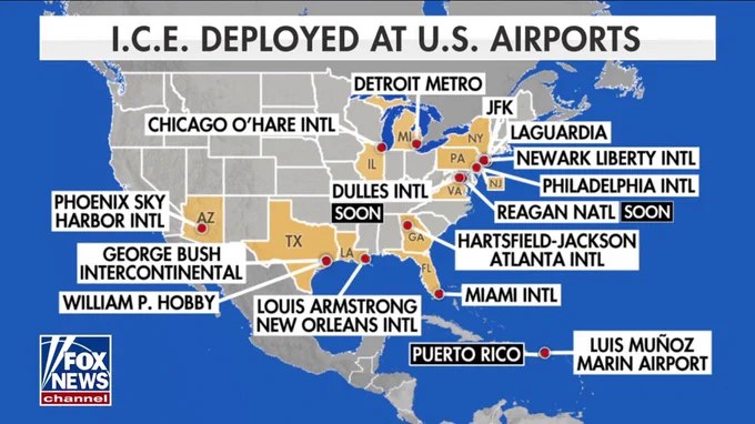 川普下令移民和海关执法局（ICE）探员部署至全美13座主要机场，原因是运输安全管理局（TSA）人手短缺，导致大范围航空出行受阻