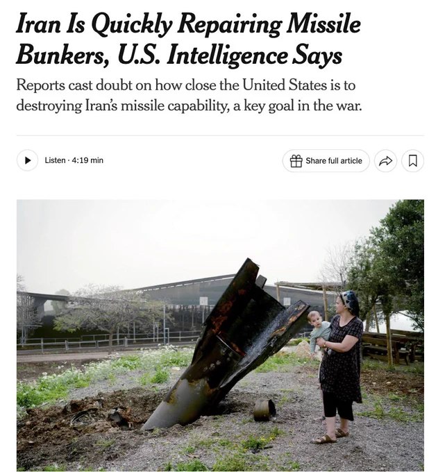 据《纽约时报》报道：伊朗正在快速挖掘并修复地下导弹掩体和发射井，往往在遭受美国和以色列打击后数小时内即完成修复