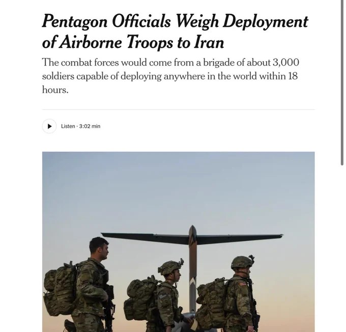 据《纽约时报》报道，五角大楼正考虑派遣约3000名快速反应伞兵（第82空降师）支援可能对伊朗展开的军事行动，目标可能包括夺取哈尔格岛