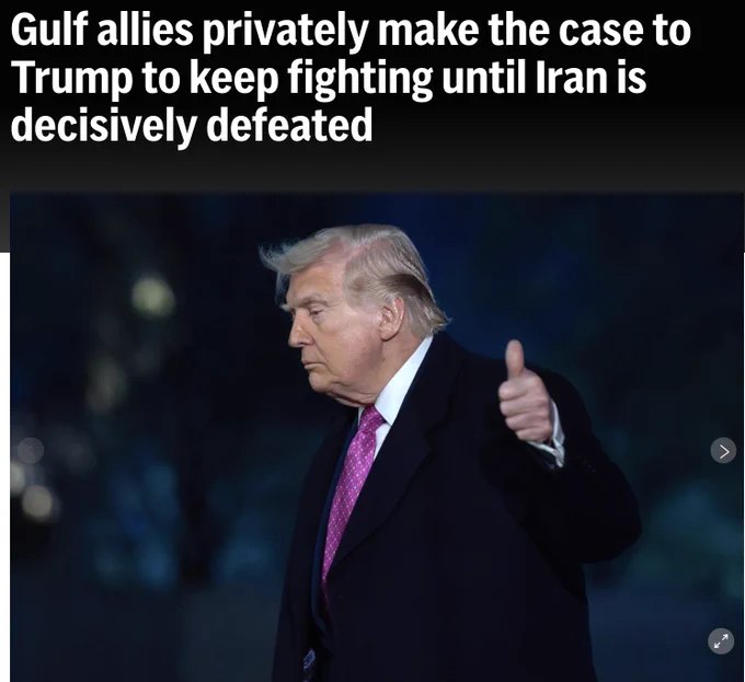 沙特阿拉伯、阿联酋及其他海湾盟友正私下敦促川普继续对伊朗施压，认为该政权尚未受到足够削弱
