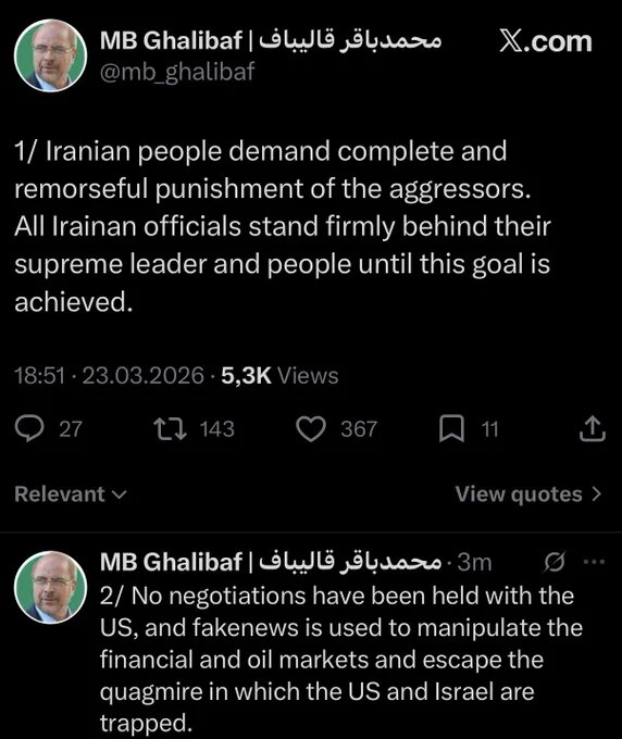 伊朗议长加利巴夫表示，伊朗从未与美国进行谈判，称相关报道是操纵市场的假新闻