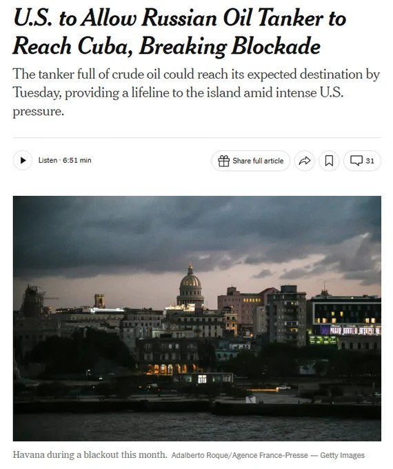 据《纽约时报》报道，美国已允许一艘俄罗斯油轮驶往古巴，此举意味着持续数月、实际上封锁燃料运输的严厉制裁压力有所松动