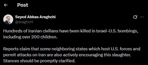 伊朗外长阿拉格奇表示，在以色列与美国的轰炸中，已有数百名伊朗平民遇难，其中包括逾200名儿童