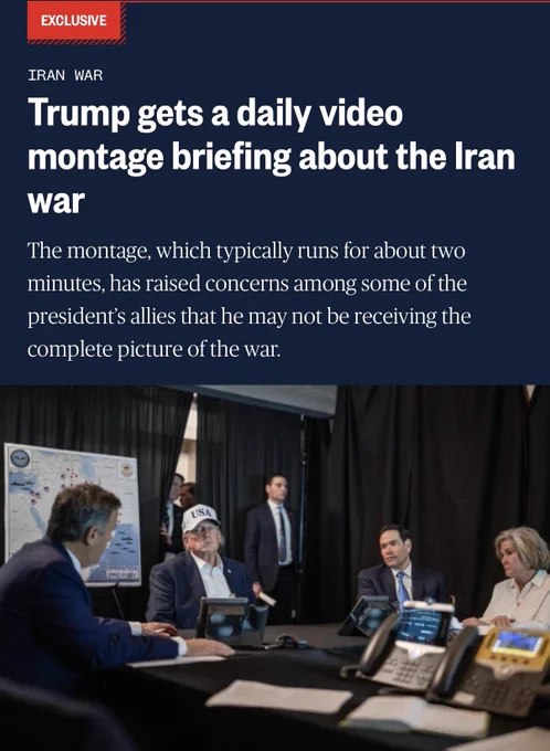 据NBC报道，川普每天收到一段约2分钟的美军对伊朗打击"精彩集锦"，内容基本只有爆炸画面和战果，外界担忧他可能无法获得战争全貌，包括挫折与失利在内的完整信息