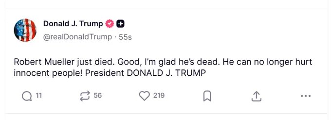 川普就前特别检察官罗伯特·穆勒去世发表声明："穆勒刚刚去世