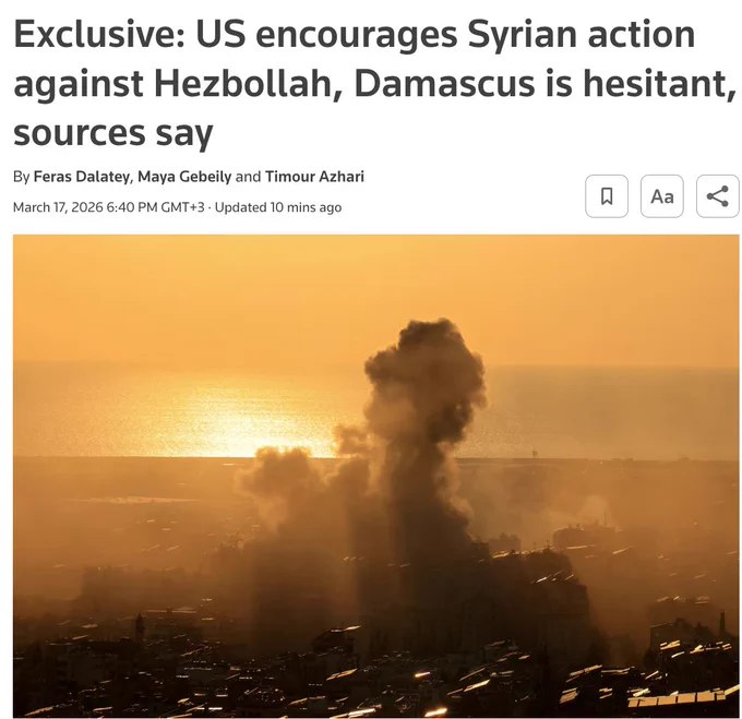 据路透社报道，美国已向叙利亚施压，希望其考虑派兵进入黎巴嫩以对抗真主党