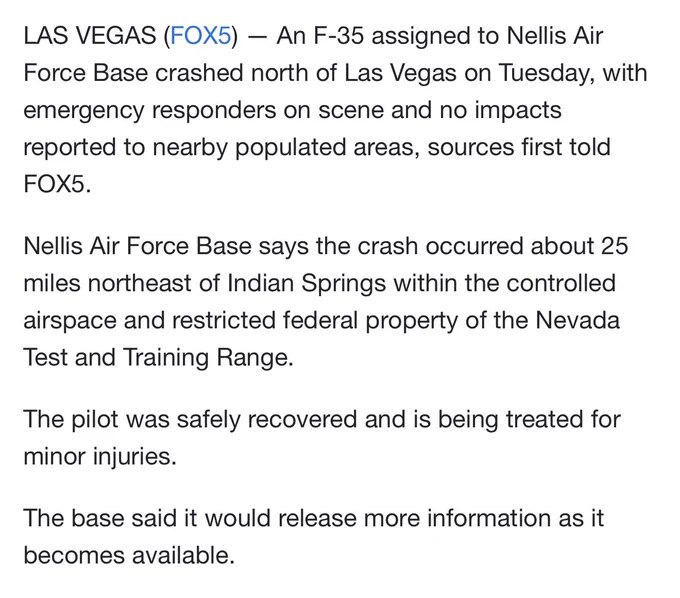 突发：一架军用喷气式飞机在拉斯维加斯以北坠毁，飞行员已接受治疗，伤势轻微