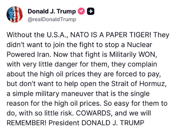 川普猛烈抨击北约盟国，称其为"懦夫"，指责这些国家拒绝协助开放霍尔木兹海峡