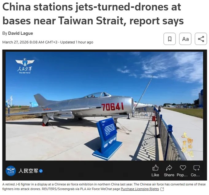 中国已在台海附近空军基地部署逾200架由退役歼-6战机改装而成的攻击无人机