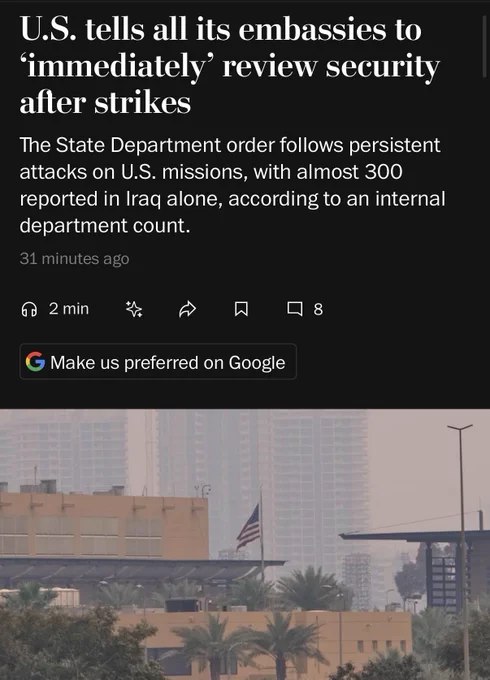 据《华盛顿邮报》报道，因与伊朗冲突相关的威胁持续升级，美国已下令全球所有大使馆紧急审查安全措施
