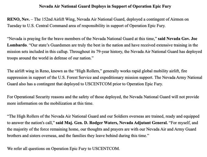 内华达州空军国民警卫队宣布，已派遣一批空军人员参与"史诗怒火行动"（Operation Epic Fury）