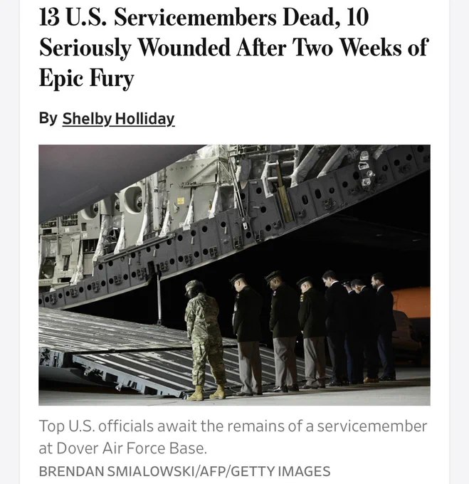 据《华尔街日报》报道，美伊冲突两周以来，美军伤亡情况如下：13名美军士兵阵亡，10人重伤，受伤总人数约200人，其中约170人已返回岗位执行任务