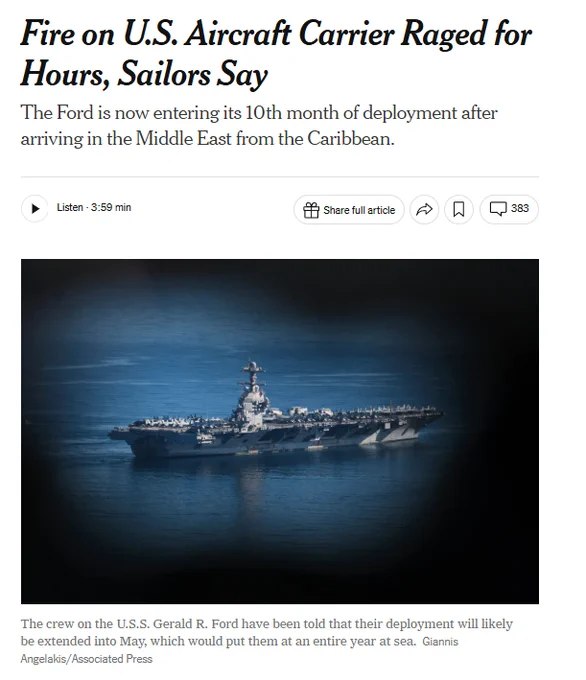 美国航母杰拉德·R·福特号发生火灾，大火持续燃烧逾30小时，导致超过600名水兵被迫转移，至少2人受伤