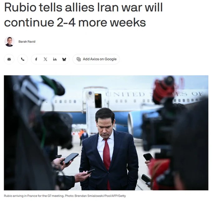 卢比奥向七国集团外长表示，与伊朗的战争可能还将持续两至四周，超出川普此前的预期