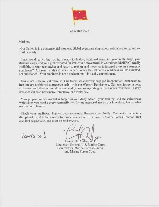美国海军陆战队预备役司令、中将伦纳德·安德森四世致函麾下预备役人员，要求其在与伊朗相关行动背景下审查自身战备状态