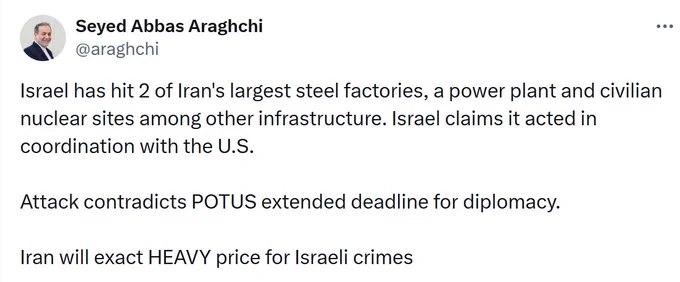 伊朗外长表示，在以色列最新一轮打击之后，伊朗将令对方付出"沉重代价"