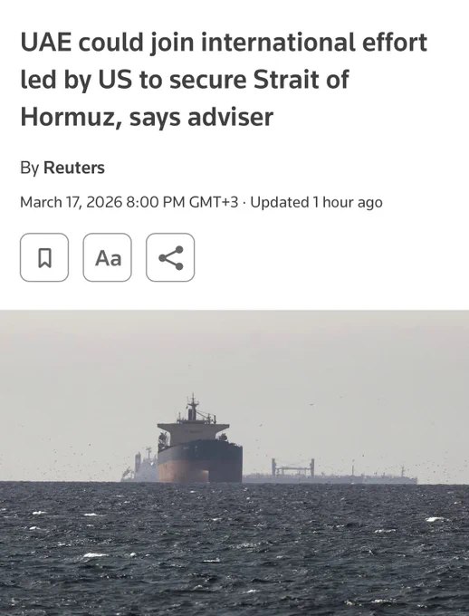 阿联酋表示愿意加入由美国主导的海军行动，以保障霍尔木兹海峡的航运安全，但目前尚未敲定具体方案，相关谈判仍在进行中