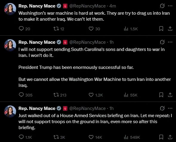 美国众议员南希·梅斯在中途退出众议院军事委员会情况通报会后，连续发表三份声明，反对向伊朗派遣地面部队