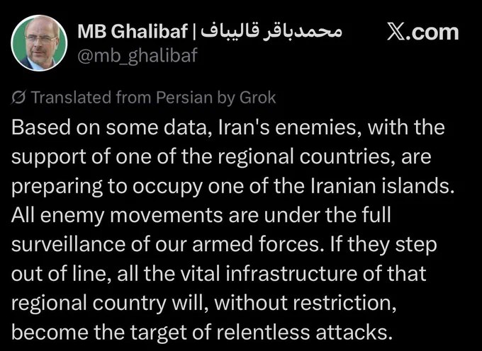 伊朗议会议长加利巴夫发出警告：根据情报，伊朗的敌人正在某地区国家支持下，密谋占领伊朗一座岛屿