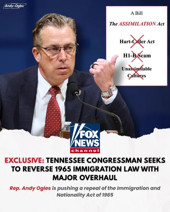 继近两周内美国发生4起伊斯兰极端主义恐袭事件后，田纳西州共和党众议员奥格尔斯今日提出《同化法案》（ASSIMILATION Act）