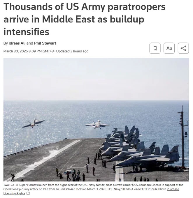 据路透社报道，数千名美国士兵正陆续抵达中东，其中包括精锐的第82空降师伞兵，此举正值川普政府研究如何推进对伊朗战争的下一步行动之际